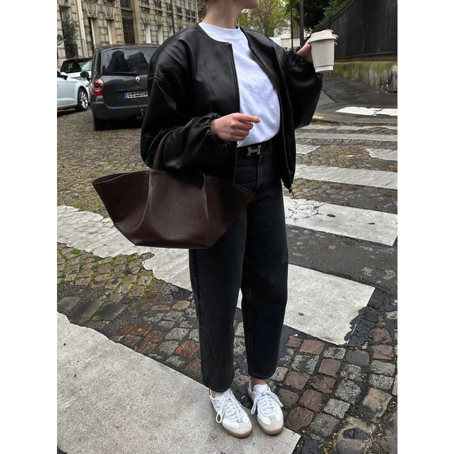 Zip Up Leather Bomber Jacket Apparel and Accessories