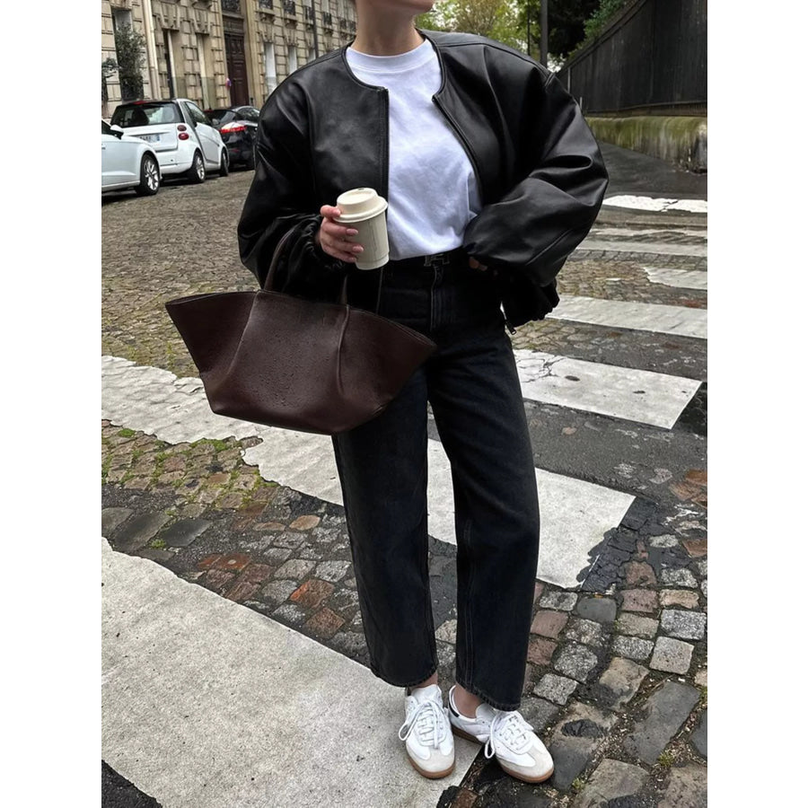 Zip Up Leather Bomber Jacket Apparel and Accessories