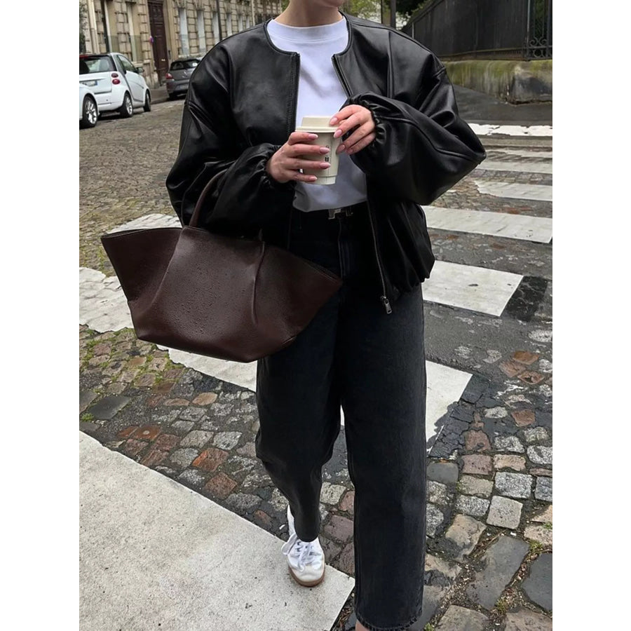 Zip Up Leather Bomber Jacket Apparel and Accessories