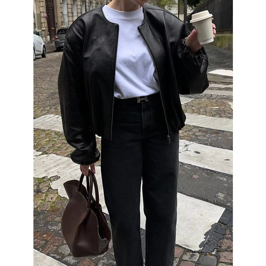 Zip Up Leather Bomber Jacket Black / S Apparel and Accessories