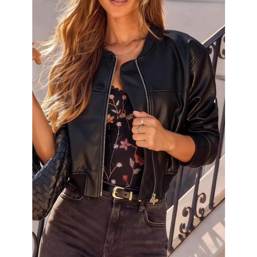 Zip Up Leather Cropped Jacket Black / S Apparel and Accessories