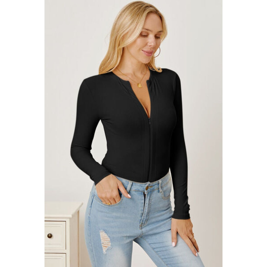 Zip Up Long Sleeve Bodysuit Black / S Clothing