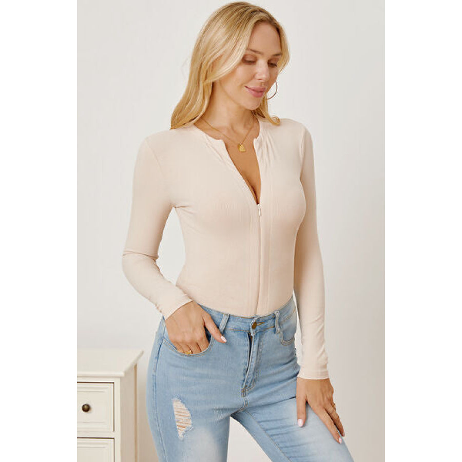 Zip Up Long Sleeve Bodysuit Sand / S Clothing