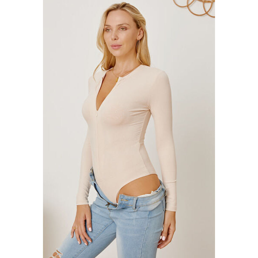 Zip Up Long Sleeve Bodysuit Sand / S Clothing