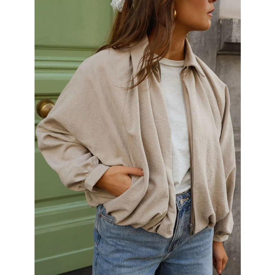 Zip Up Long Sleeve Bomber Jacket Off-white / S Apparel and Accessories
