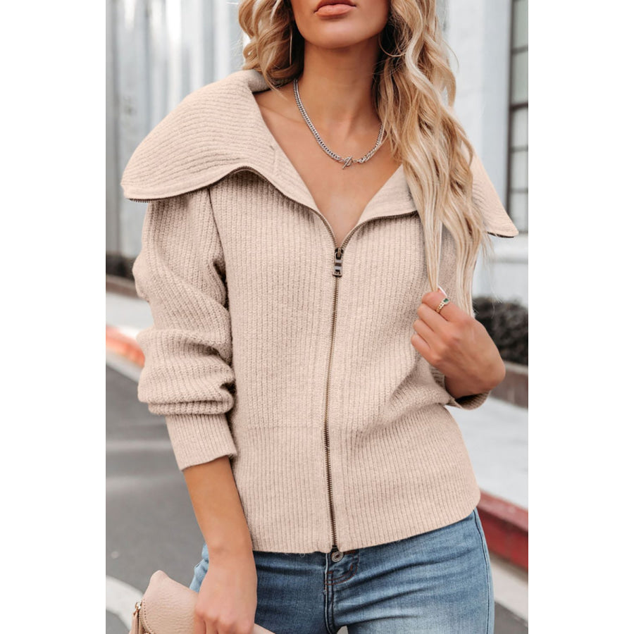 Zip Up Long Sleeve Cardigan Beige / S Apparel and Accessories