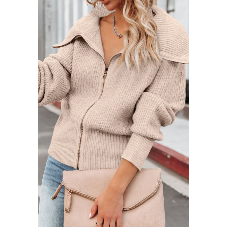 Zip Up Long Sleeve Cardigan Beige / S Apparel and Accessories