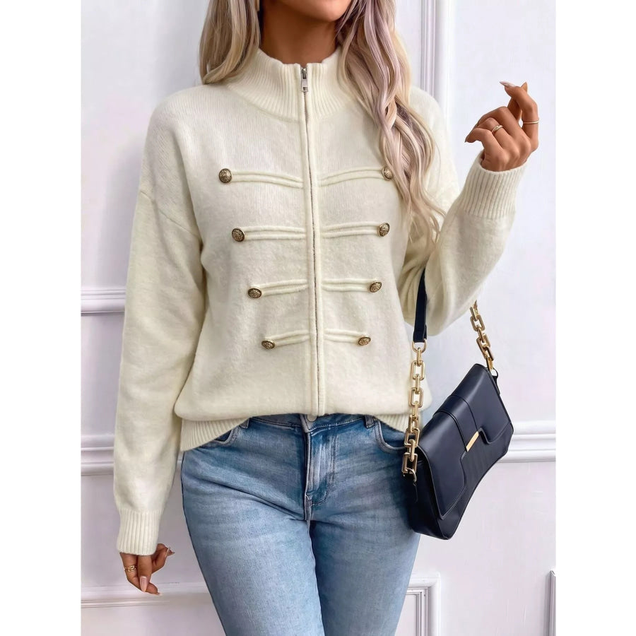 Zip-Up Long Sleeve Cardigan Beige / S Apparel and Accessories