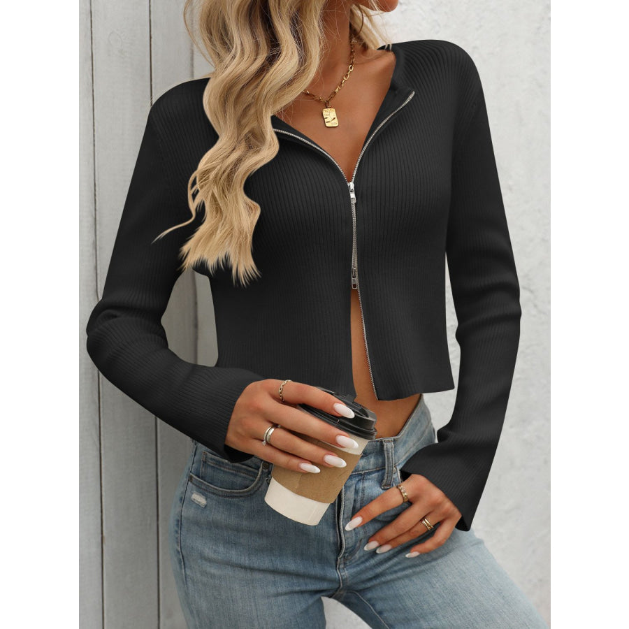 Zip Up Long Sleeve Cardigan Black / S Apparel and Accessories