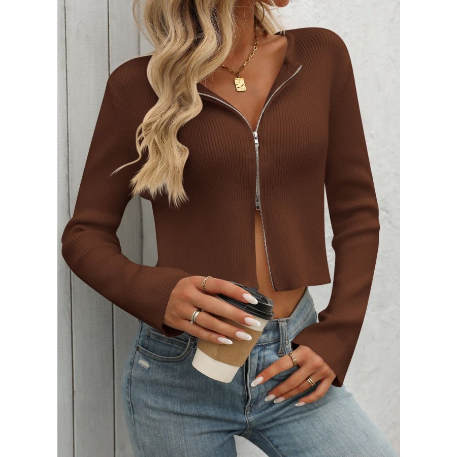 Zip Up Long Sleeve Cardigan Chocolate / S Apparel and Accessories