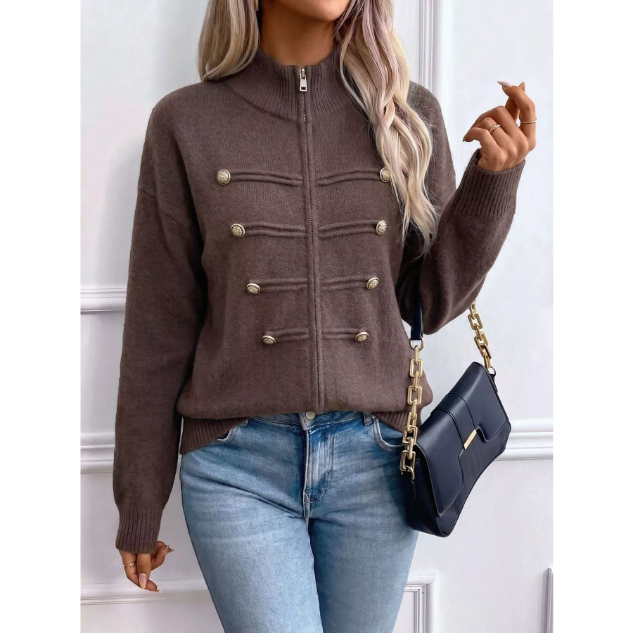 Zip-Up Long Sleeve Cardigan Coffee Brown / S Apparel and Accessories