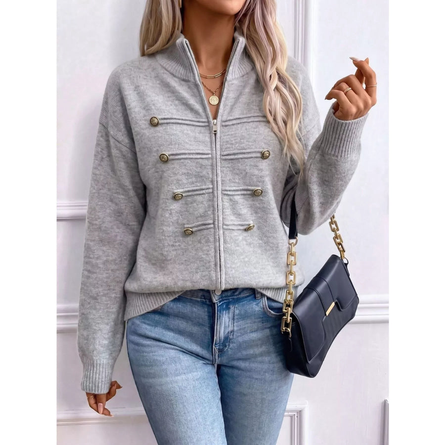 Zip-Up Long Sleeve Cardigan Gray / S Apparel and Accessories
