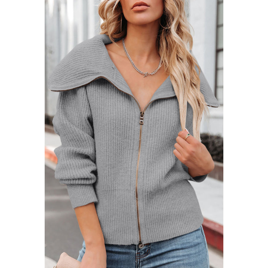 Zip Up Long Sleeve Cardigan Gray / S Apparel and Accessories