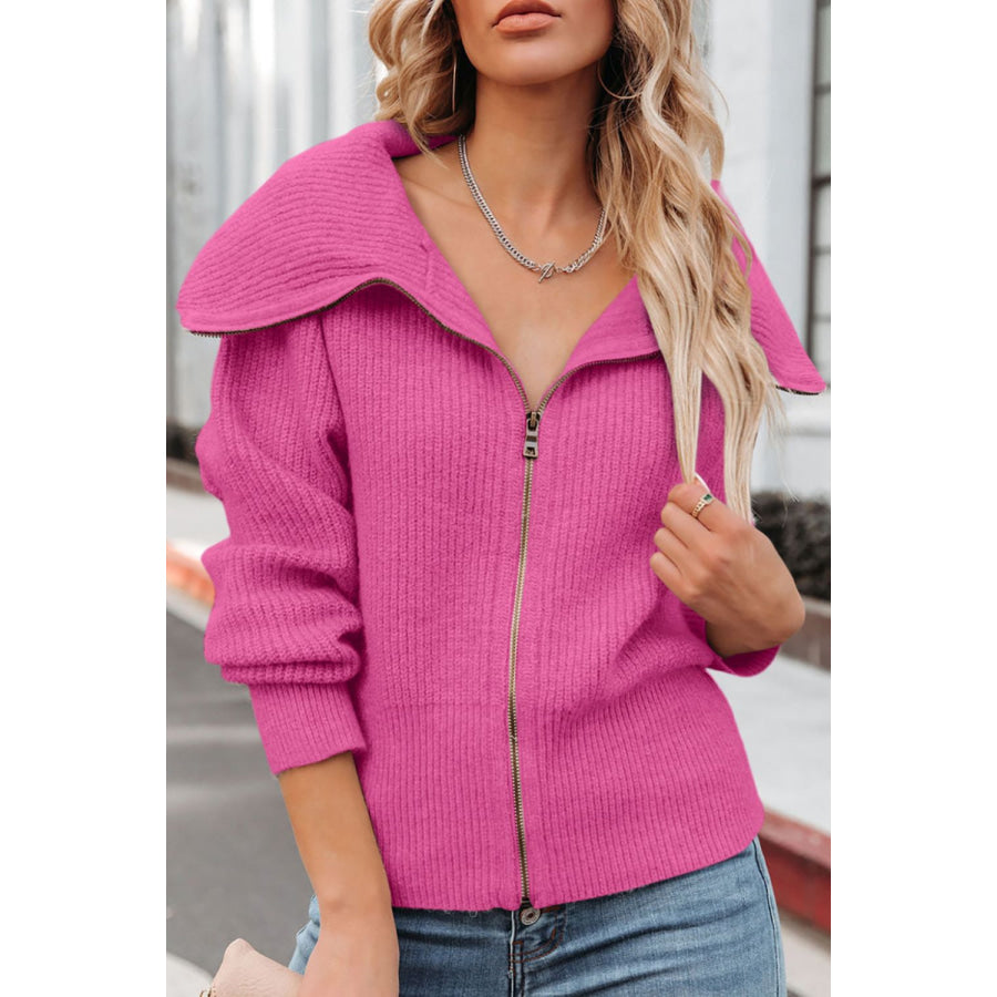 Zip Up Long Sleeve Cardigan Hot Pink / S Apparel and Accessories