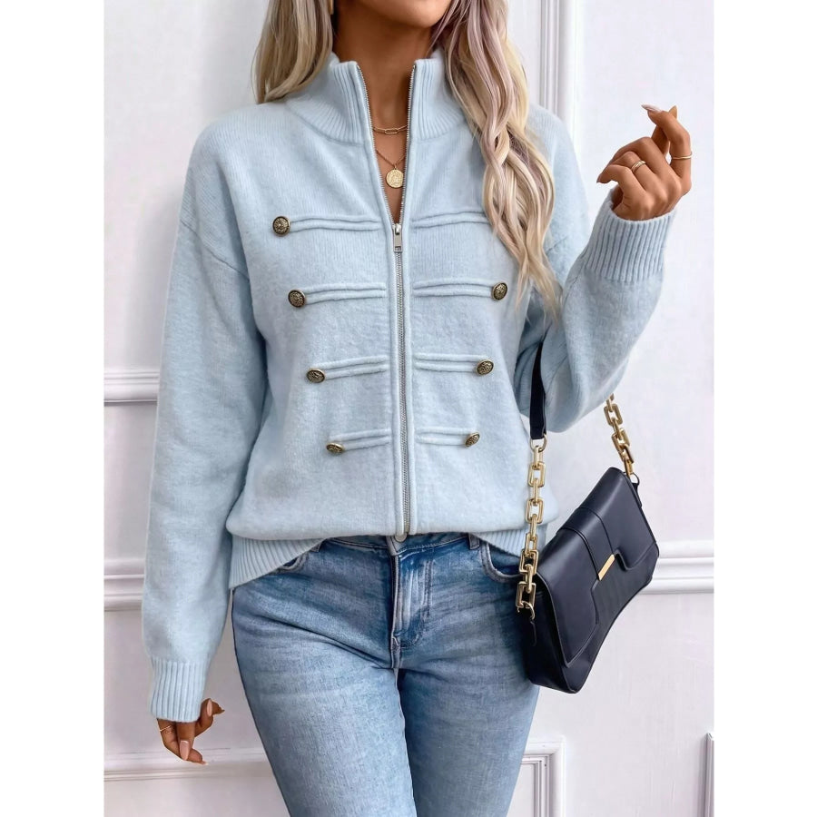 Zip-Up Long Sleeve Cardigan Light Blue / S Apparel and Accessories