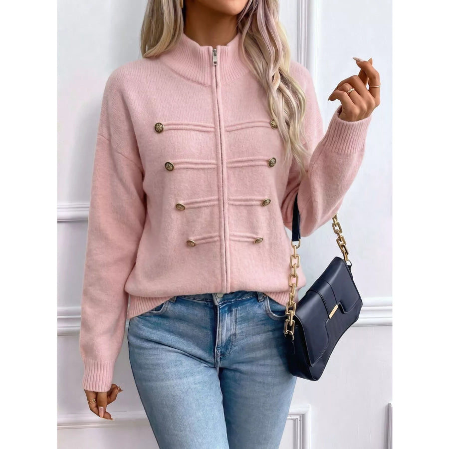 Zip-Up Long Sleeve Cardigan Pink / S Apparel and Accessories