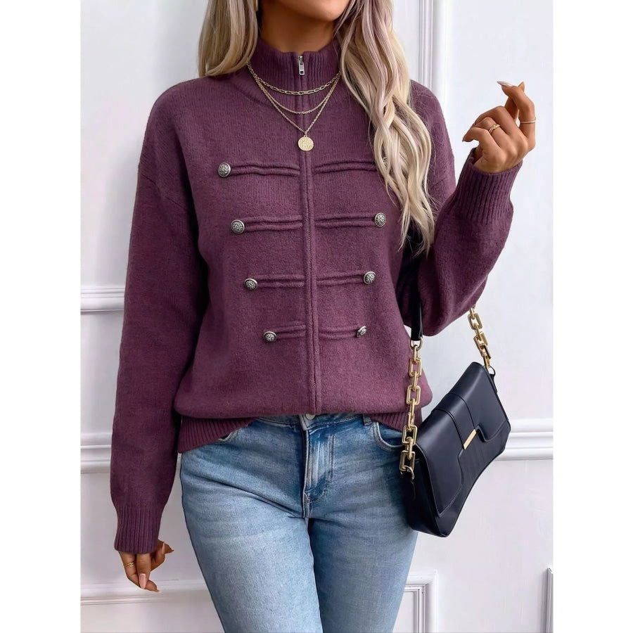 Zip-Up Long Sleeve Cardigan Plum Purple / S Apparel and Accessories