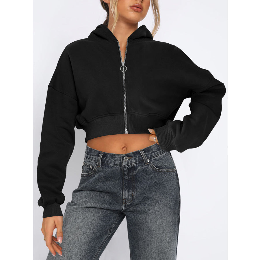 Zip Up Long Sleeve Cropped Hoodie Black / S Apparel and Accessories