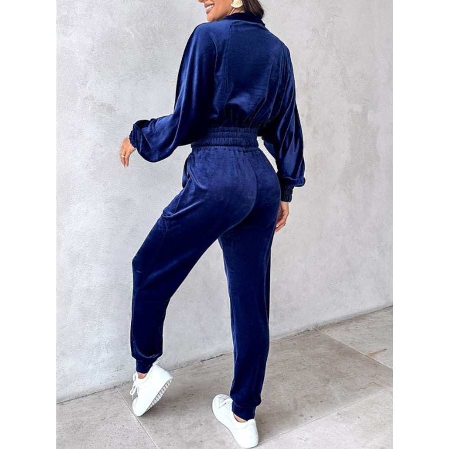 Zip Up Long Sleeve Cropped Top and Joggers Set Navy / S Apparel and Accessories