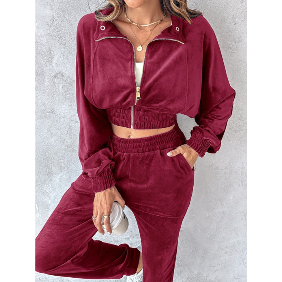 Zip Up Long Sleeve Cropped Top and Joggers Set Apparel and Accessories