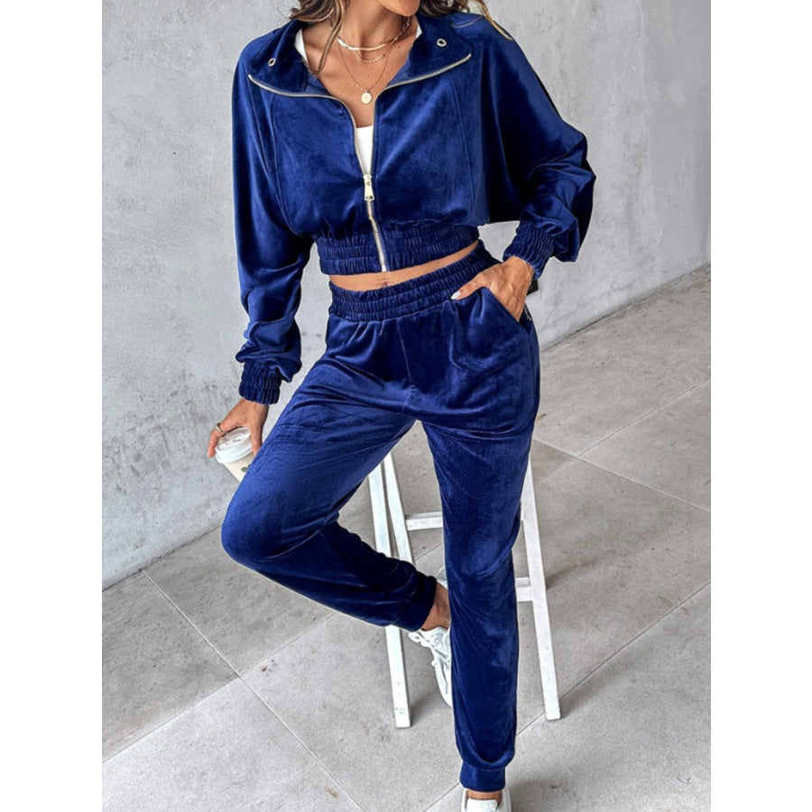 Zip Up Long Sleeve Cropped Top and Joggers Set Apparel and Accessories