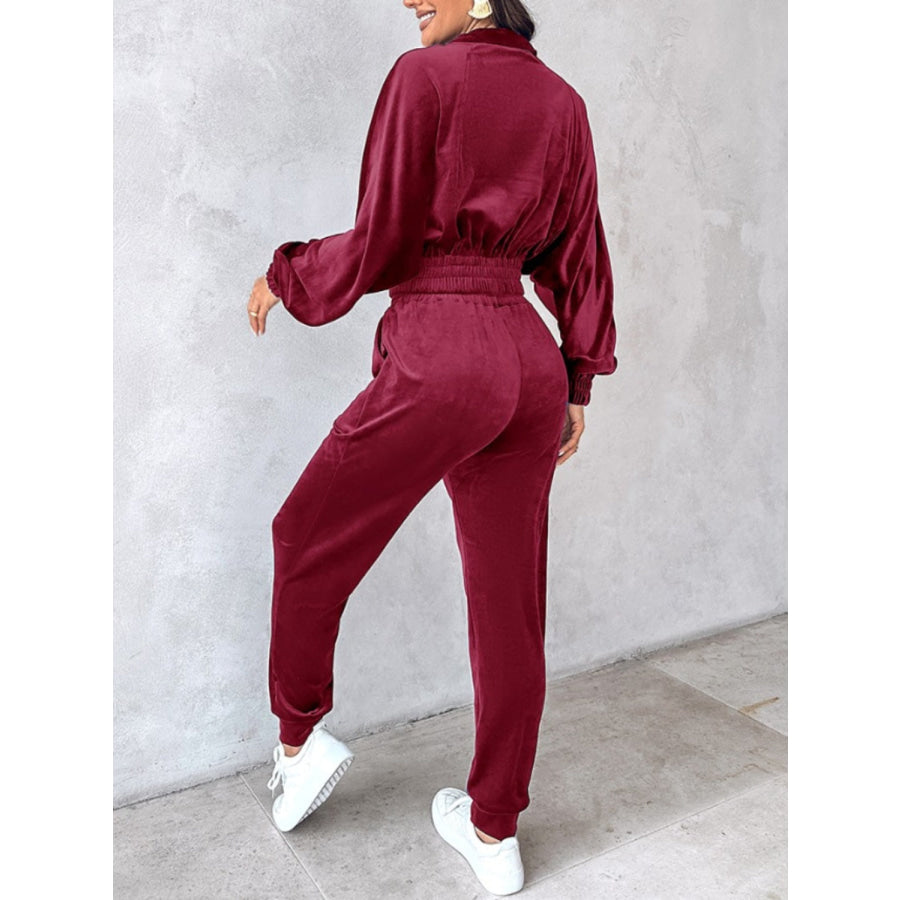 Zip Up Long Sleeve Cropped Top and Joggers Set Apparel and Accessories