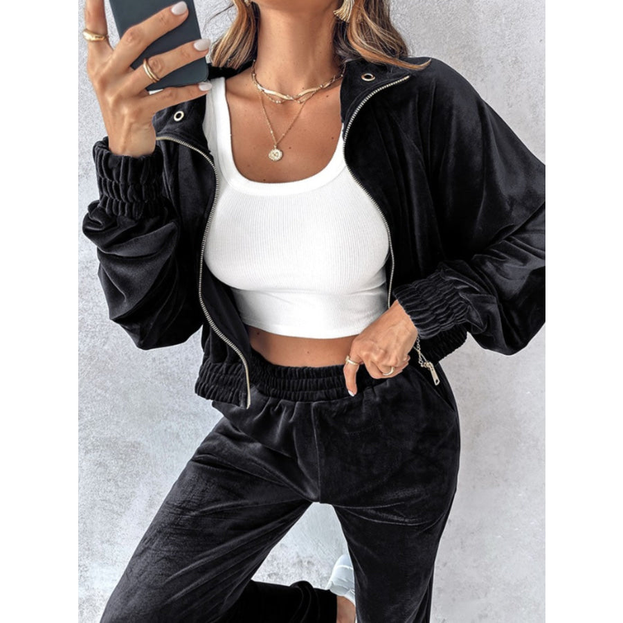 Zip Up Long Sleeve Cropped Top and Joggers Set Apparel and Accessories