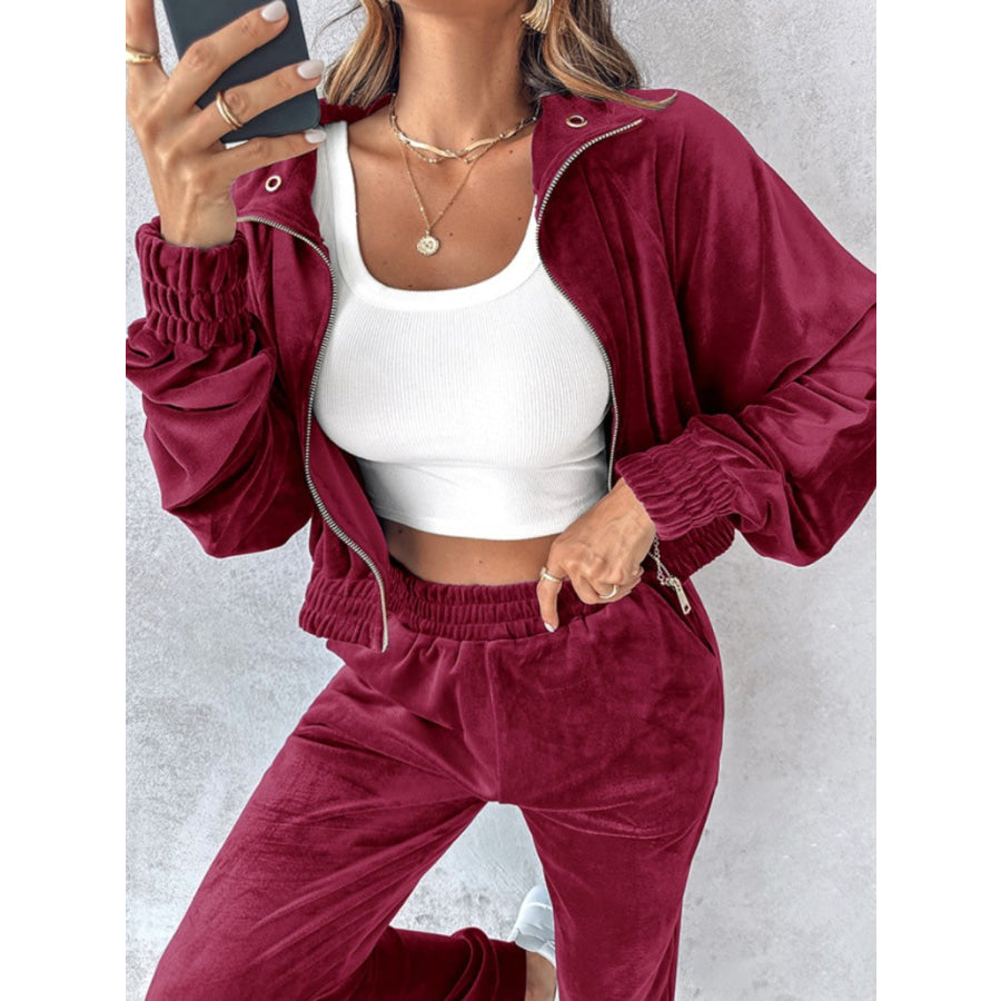 Zip Up Long Sleeve Cropped Top and Joggers Set Apparel and Accessories