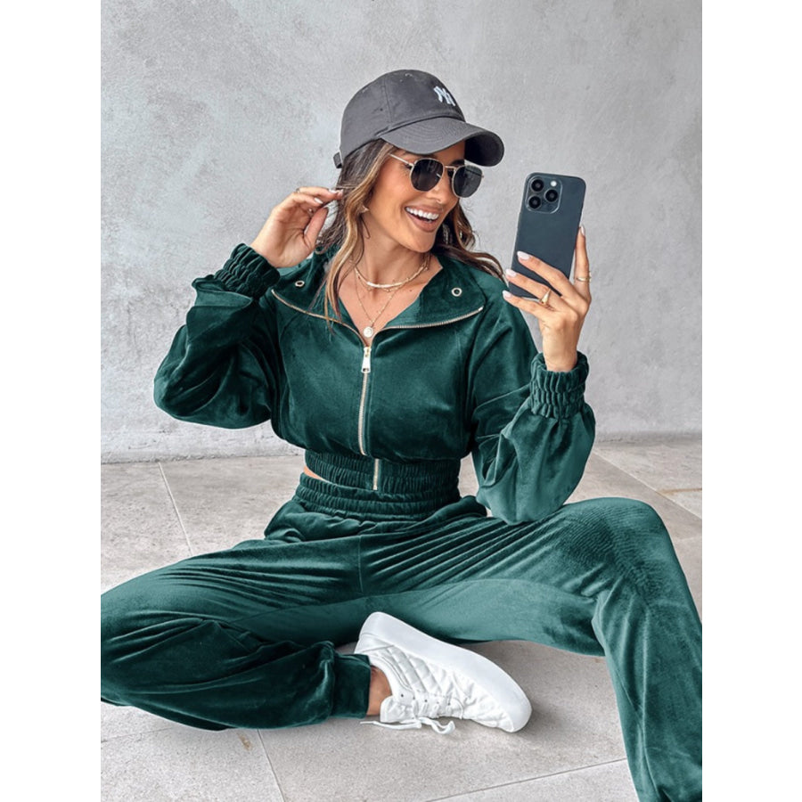 Zip Up Long Sleeve Cropped Top and Joggers Set Apparel and Accessories