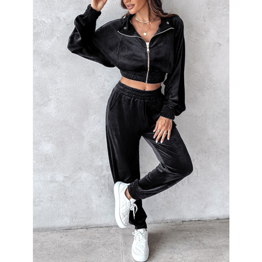 Zip Up Long Sleeve Cropped Top and Joggers Set Apparel and Accessories