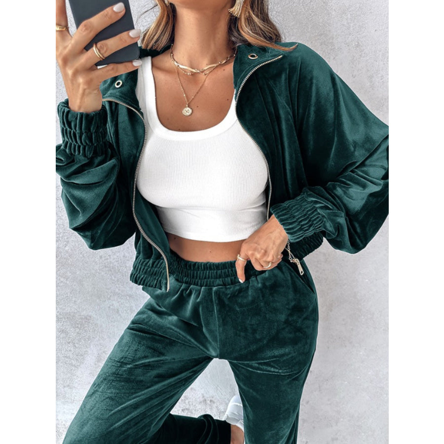 Zip Up Long Sleeve Cropped Top and Joggers Set Apparel and Accessories