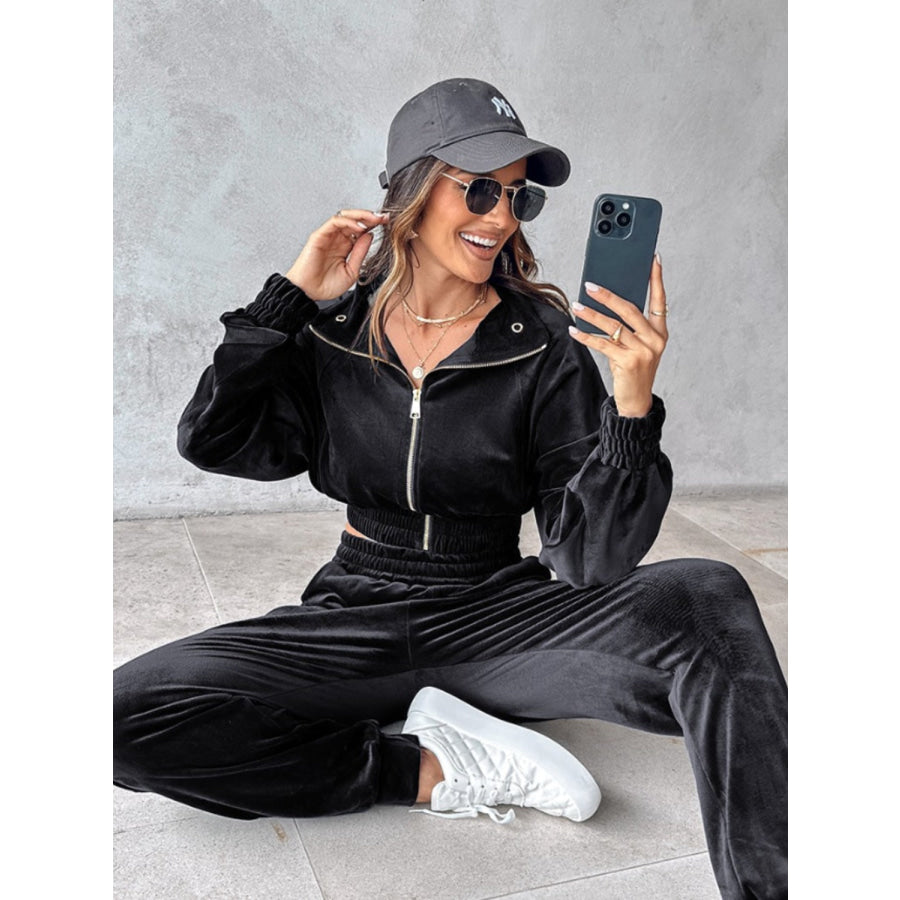 Zip Up Long Sleeve Cropped Top and Joggers Set Apparel and Accessories