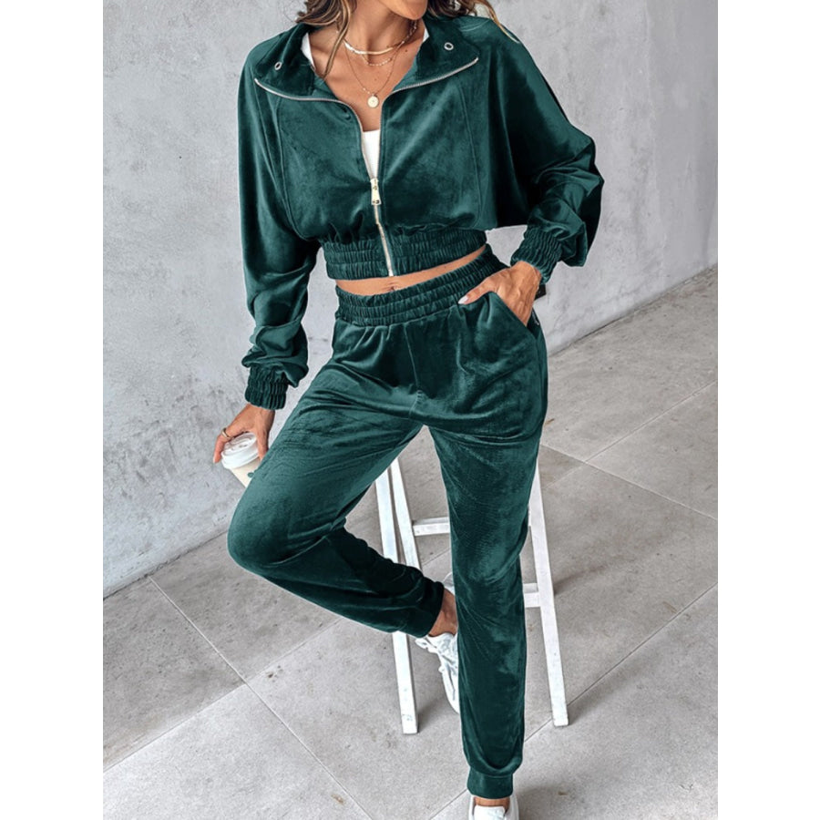 Zip Up Long Sleeve Cropped Top and Joggers Set Apparel and Accessories