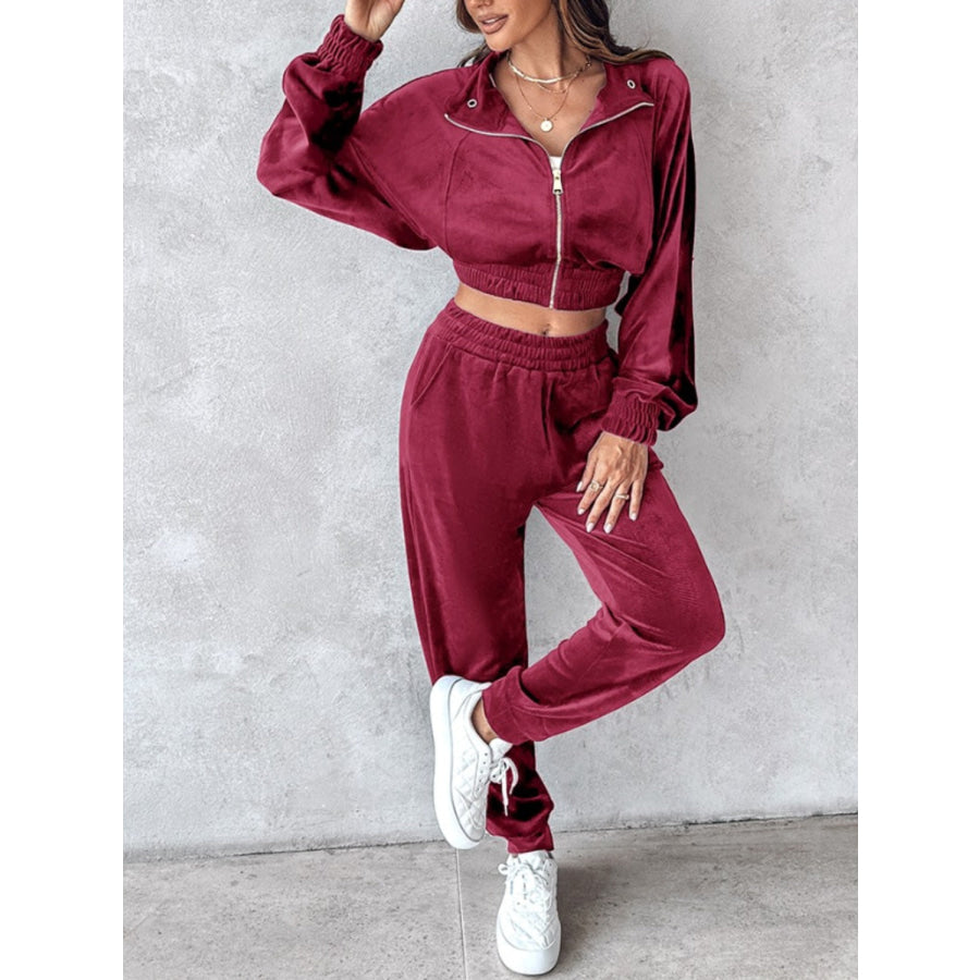 Zip Up Long Sleeve Cropped Top and Joggers Set Apparel and Accessories