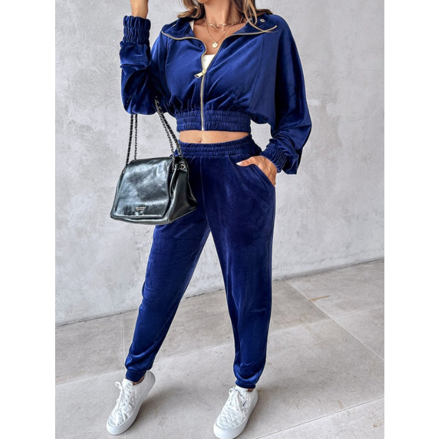 Zip Up Long Sleeve Cropped Top and Joggers Set Apparel and Accessories