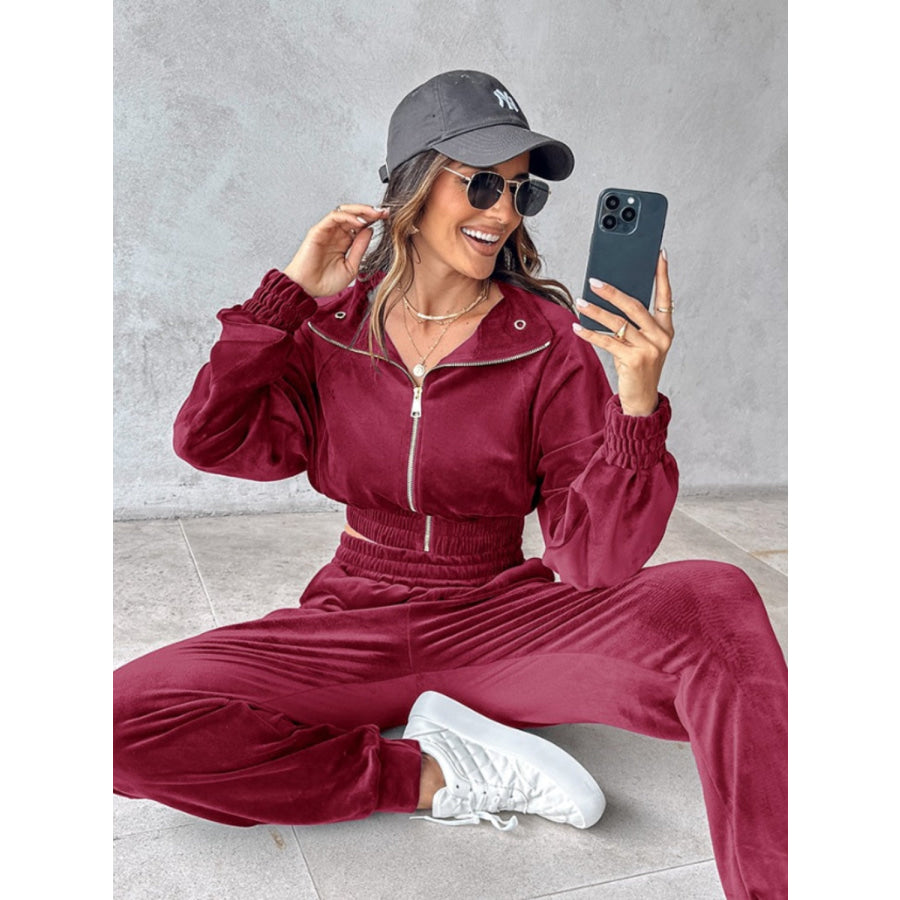 Zip Up Long Sleeve Cropped Top and Joggers Set Apparel and Accessories