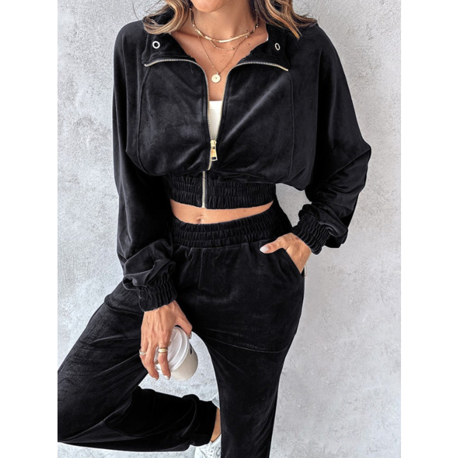 Zip Up Long Sleeve Cropped Top and Joggers Set Black / S Apparel and Accessories