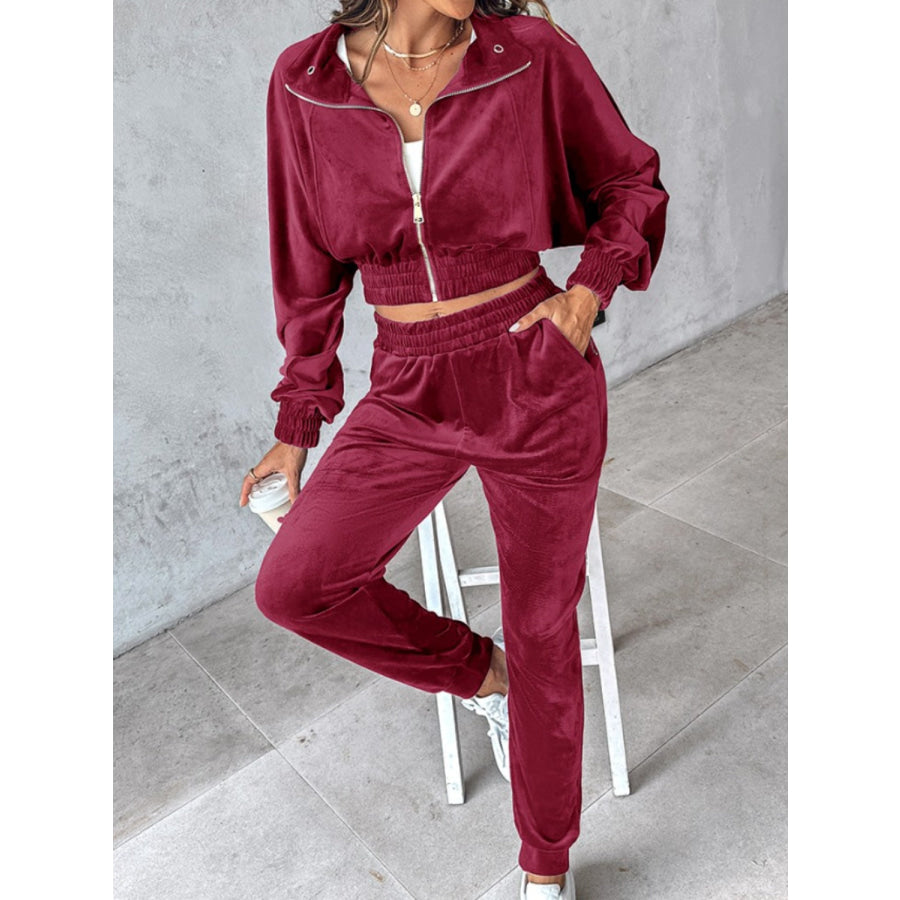 Zip Up Long Sleeve Cropped Top and Joggers Set Burgundy / S Apparel and Accessories