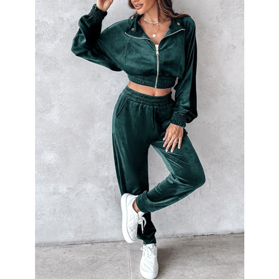 Zip Up Long Sleeve Cropped Top and Joggers Set Deep Teal / S Apparel and Accessories