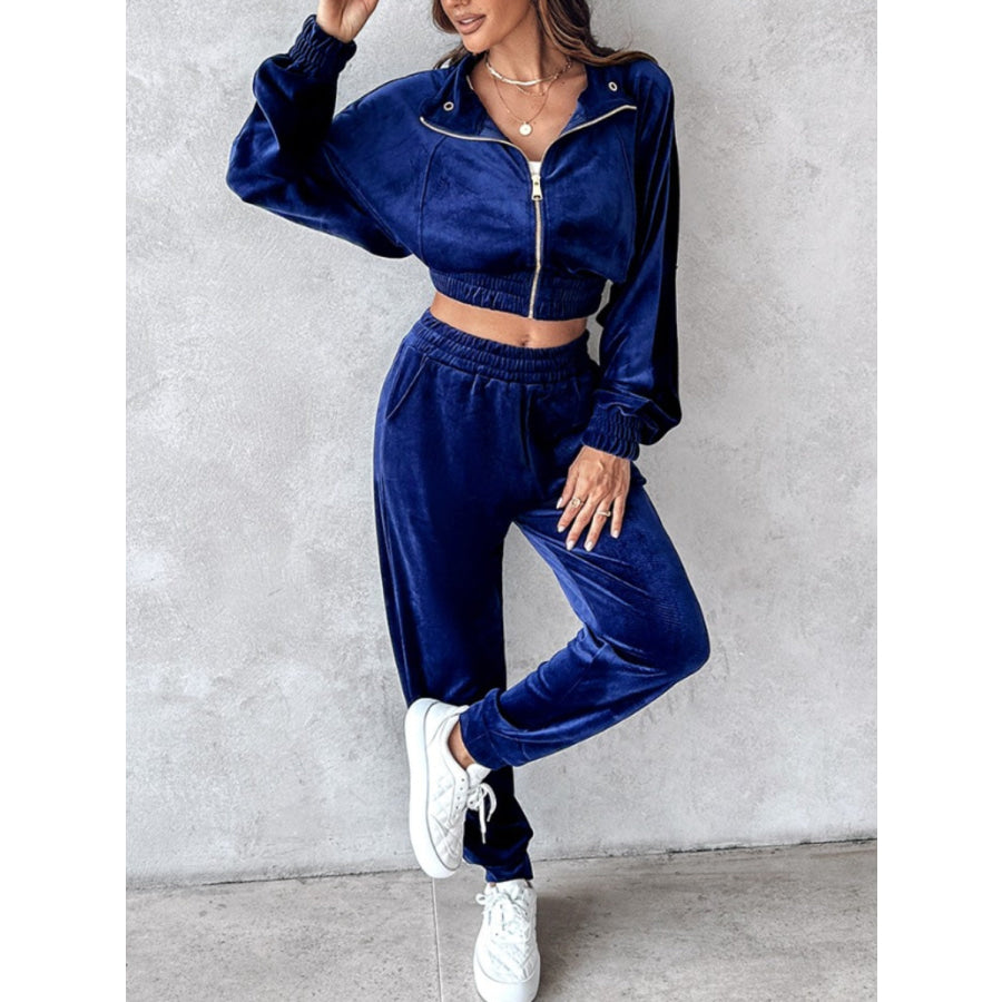 Zip Up Long Sleeve Cropped Top and Joggers Set Navy / S Apparel and Accessories