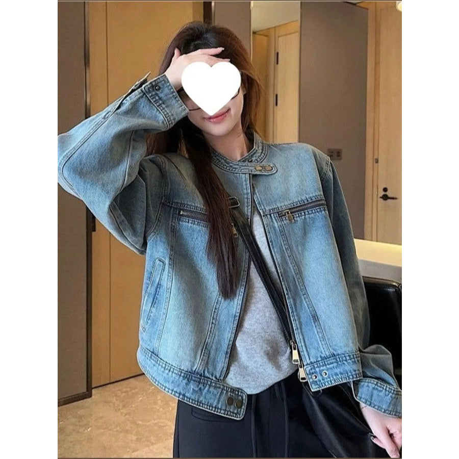 Zip Up Long Sleeve Denim Jacket Apparel and Accessories