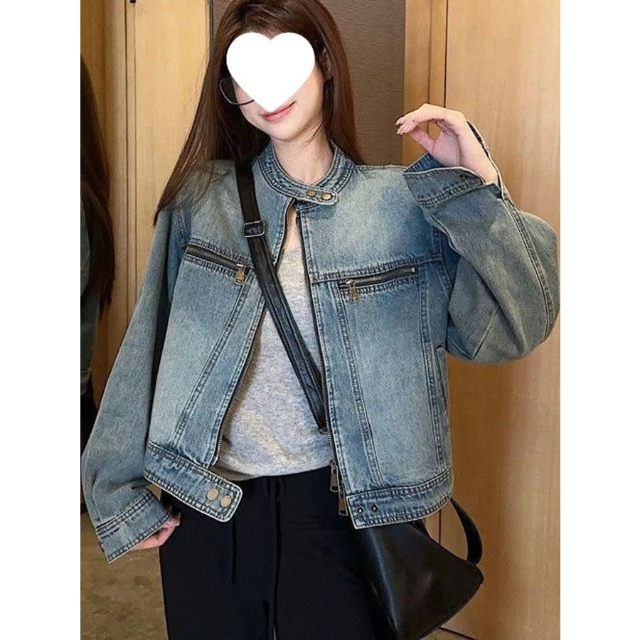 Zip Up Long Sleeve Denim Jacket Apparel and Accessories