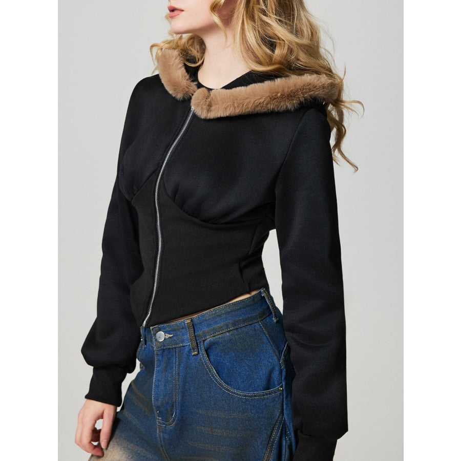 Zip Up Long Sleeve Fuzzy Hem Hooded Jacket Apparel and Accessories