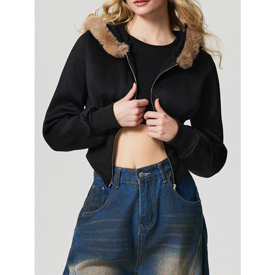 Zip Up Long Sleeve Fuzzy Hem Hooded Jacket Apparel and Accessories