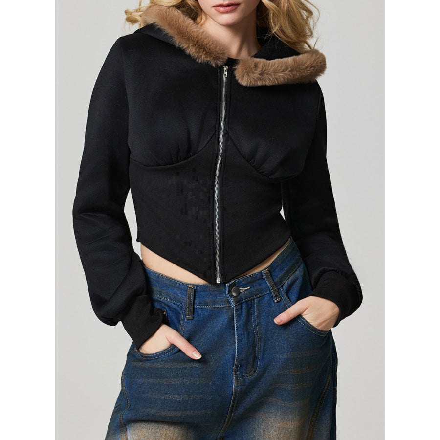 Zip Up Long Sleeve Fuzzy Hem Hooded Jacket Apparel and Accessories