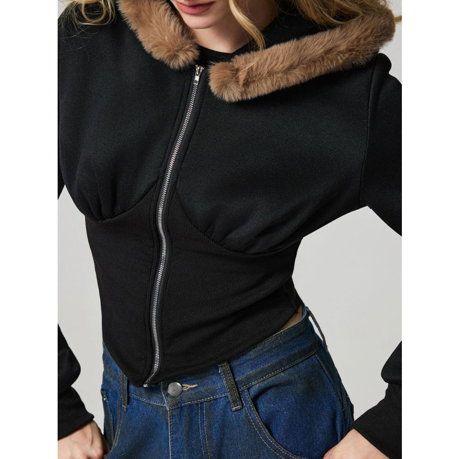 Zip Up Long Sleeve Fuzzy Hem Hooded Jacket Apparel and Accessories