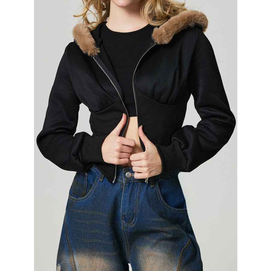 Zip Up Long Sleeve Fuzzy Hem Hooded Jacket Black / S Apparel and Accessories