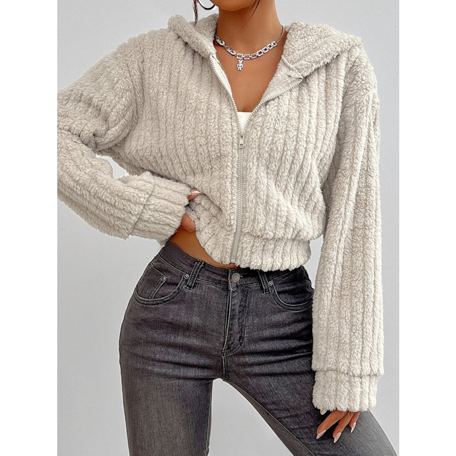 Zip Up Long Sleeve Fuzzy Hooded Jacket Beige / S Apparel and Accessories