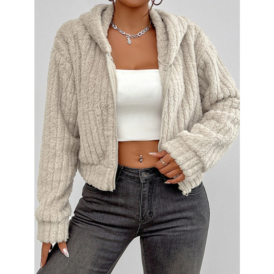 Zip Up Long Sleeve Fuzzy Hooded Jacket Beige / S Apparel and Accessories