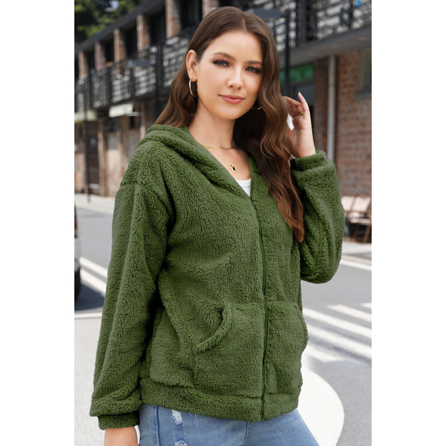 Zip Up Long Sleeve Fuzzy Hooded Outerwear Apparel and Accessories